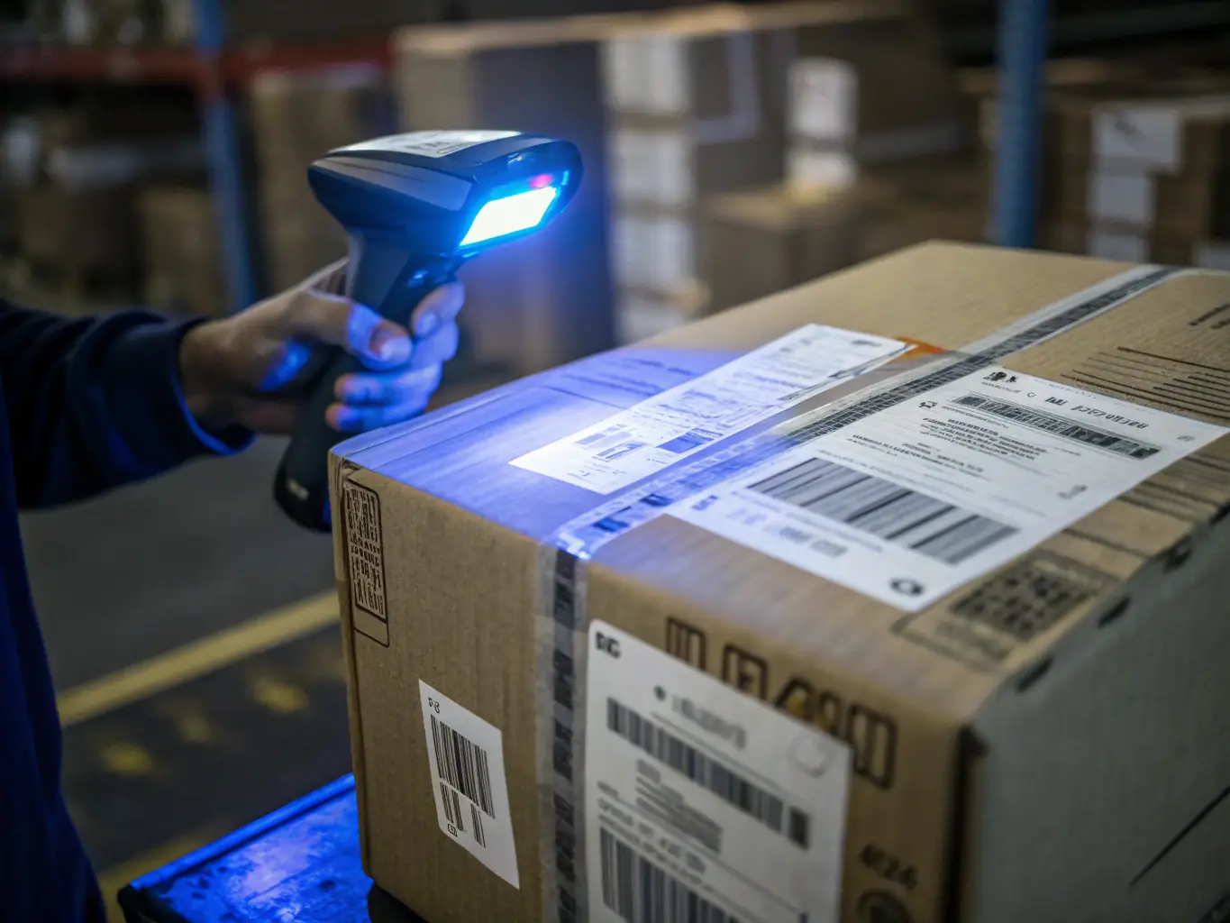 A close-up shot of a package being carefully scanned in a warehouse, highlighting the attention to detail in the logistics process.